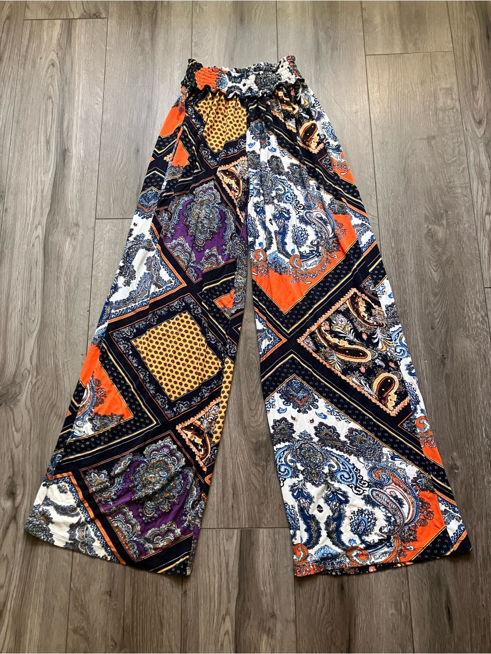 Meg & Margot Boho Paisley Patchwork Wide Leg Palazzo Pants Smocked Women’s Small